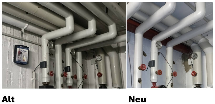 Erneuerung eines gerissenen Abwasserrohres in Bruckmühl – schwer zugänglich hinter Heizungsrohren verbaut.
