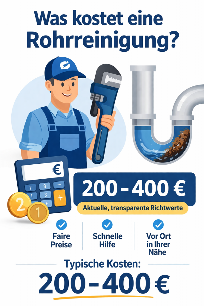 Übersicht der Kosten für eine Rohrreinigung – typische Preise zwischen 200 und 400 Euro.