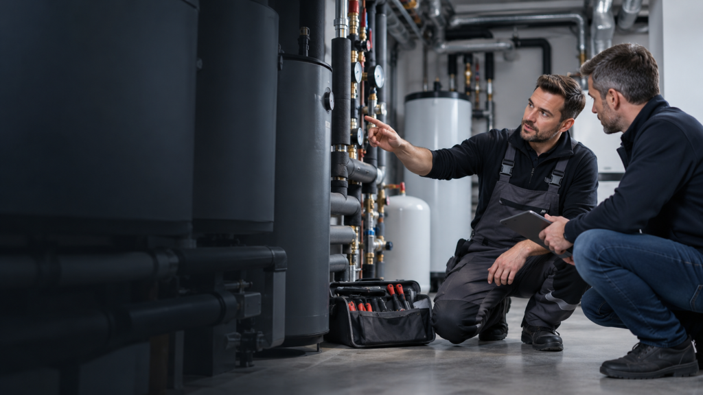 Zwei SHK-Fachkräfte besprechen Arbeiten an einer Heizungsanlage – Zusammenarbeit zwischen Handwerksbetrieben